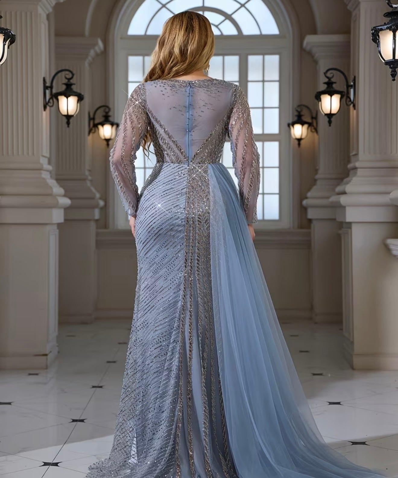 Sequined Embroidered Lace Long Sleeve Elegant Sexy Hip-Hugging Fishtail Dress Evening Gown/Suitable for Weddings,party’s and date