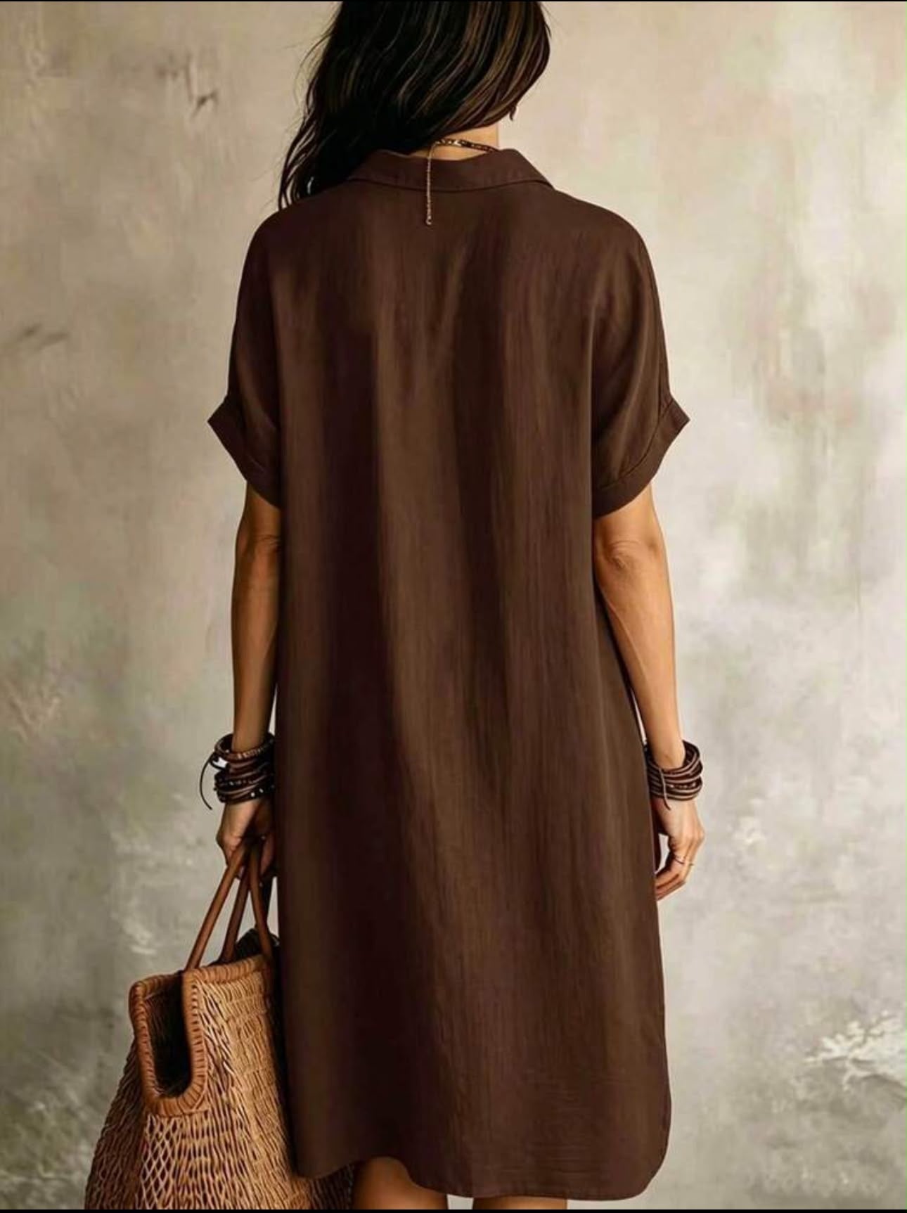 Women's Casual Ivory Woven Shirt Dress, Collared Short Sleeve Front Button Design,