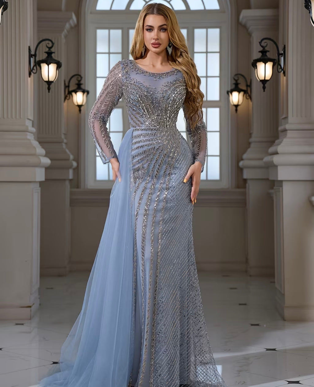 Sequined Embroidered Lace Long Sleeve Elegant Sexy Hip-Hugging Fishtail Dress Evening Gown/Suitable for Weddings,party’s and date