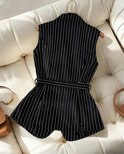 GlowEve Women's Summer Casual/Office Commute Striped Print Peak Collar Buckle