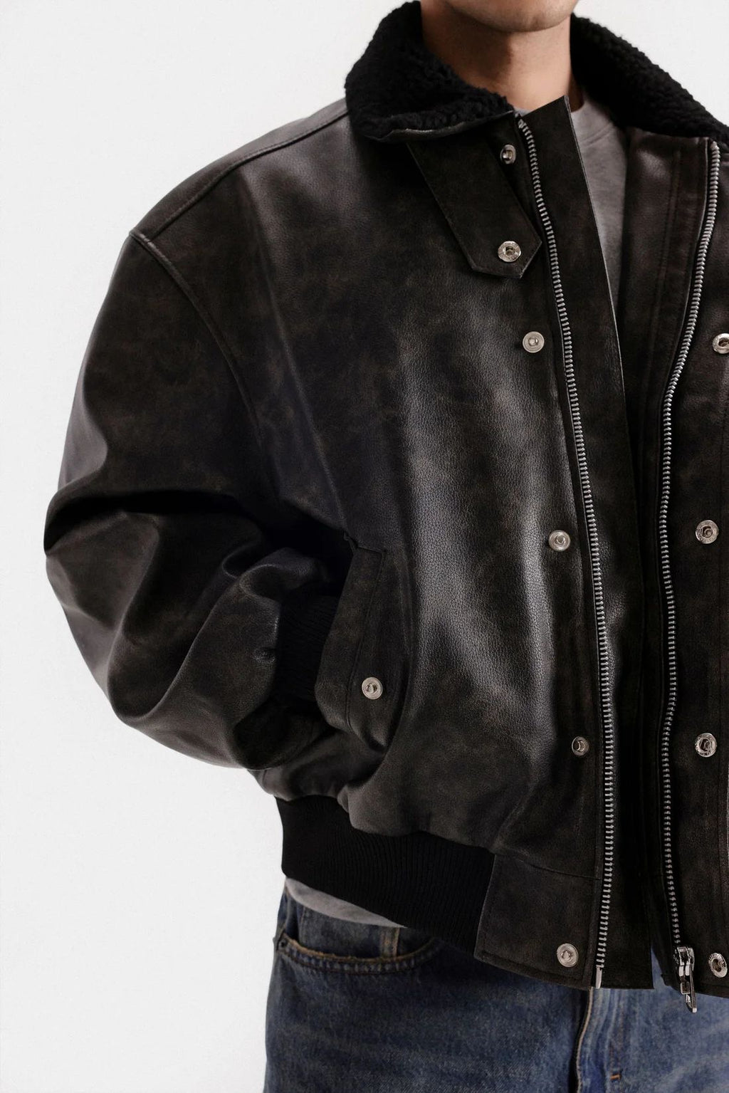 WASHED-OUT FAUX LEATHER JACKET