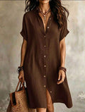 Women's Casual Ivory Woven Shirt Dress, Collared Short Sleeve Front Button Design,