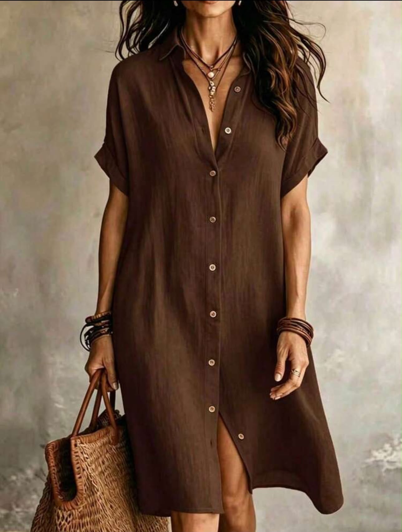 Women's Casual Ivory Woven Shirt Dress, Collared Short Sleeve Front Button Design,