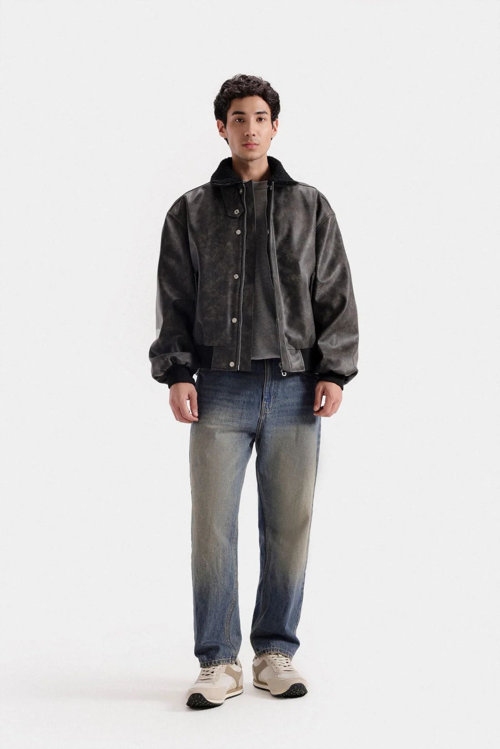 WASHED-OUT FAUX LEATHER JACKET