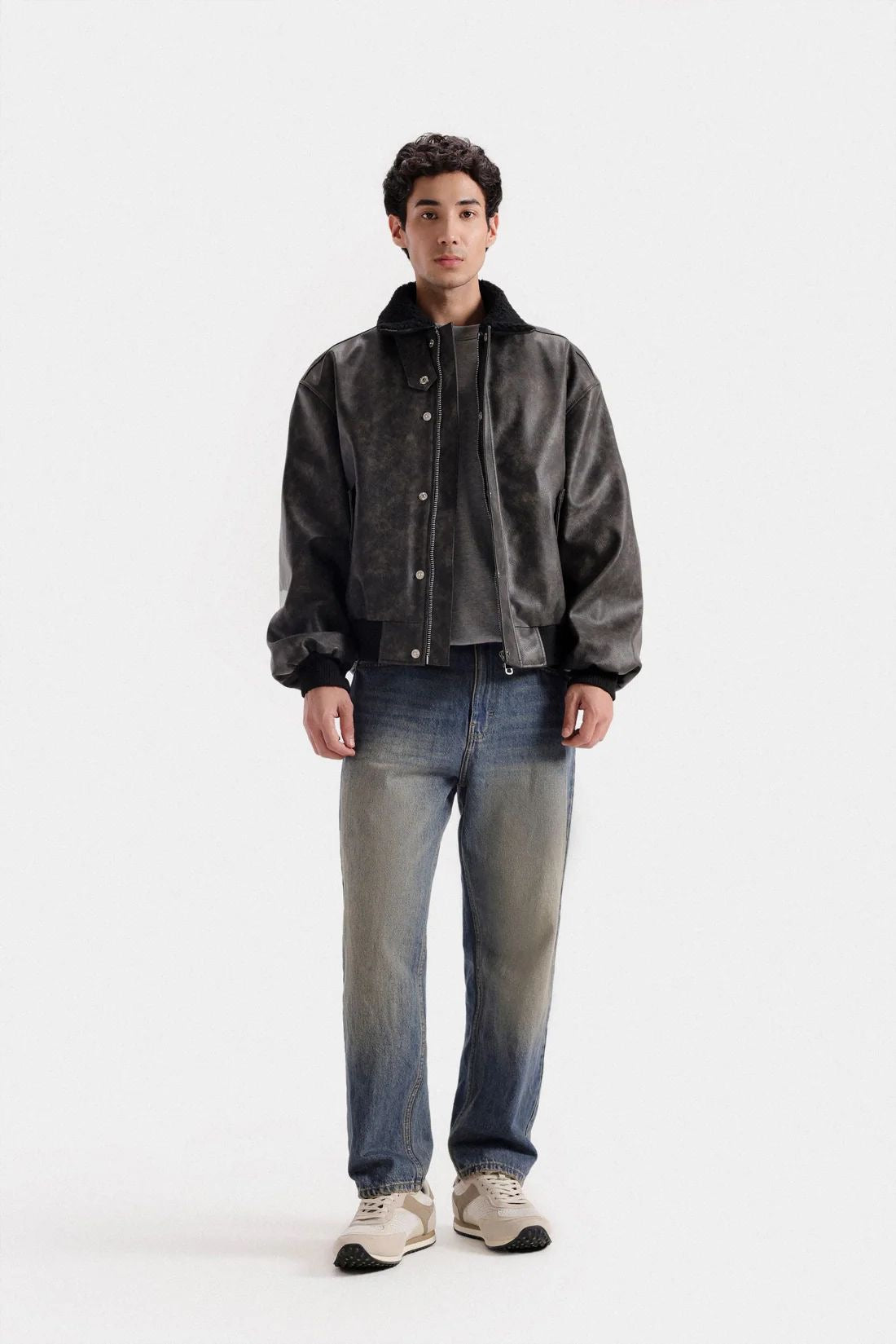 WASHED-OUT FAUX LEATHER JACKET