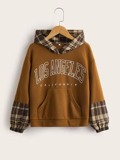 Girls Plaid Panel Letter Graphic Kangaroo
Pocket 2 In 1 Hoodie